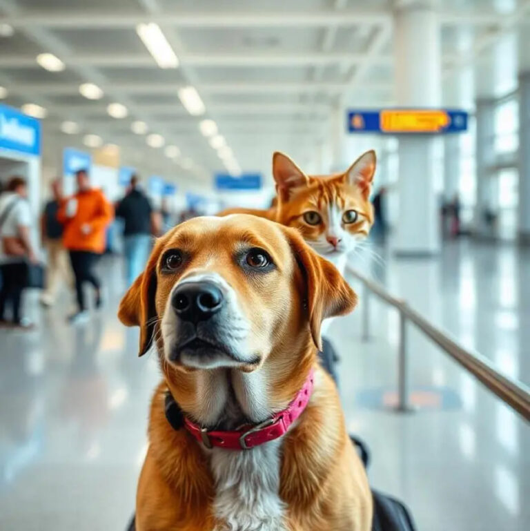 Dog and cat at an airport in Hamilton, Ontario preparing for professional pet transportation