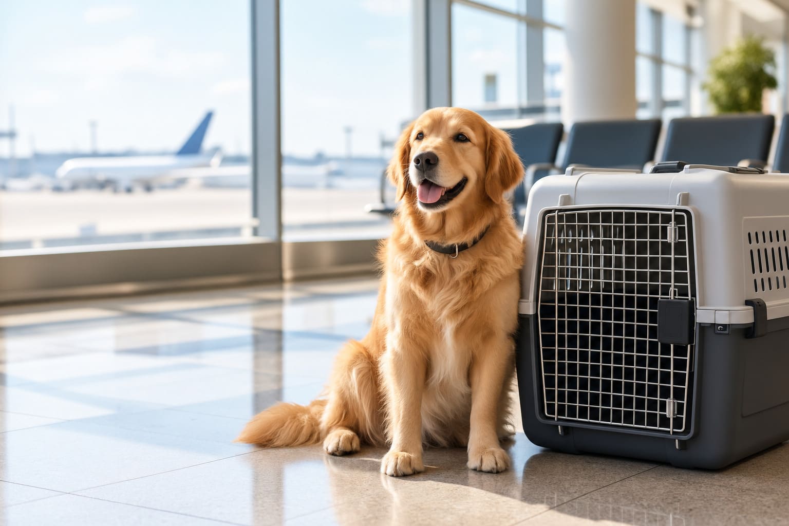 Golden retriever sitting beside an airline-approved travel crate in an airport departure area