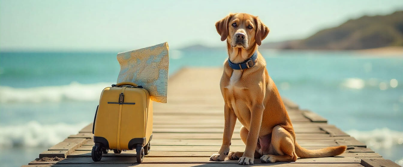Dog sitting on a pier beside a suitcase and map, representing Australian pet quarantine for Canadians