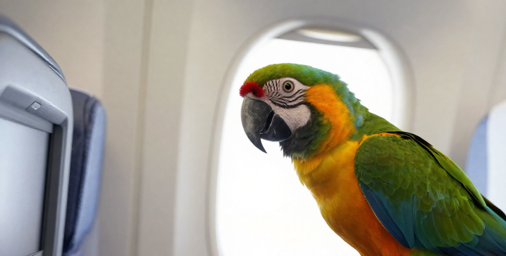 Colourful parrot sitting on an airplane seat in a quiet cabin, illustrating how to ship a parrot safely on an international flight from Canada.