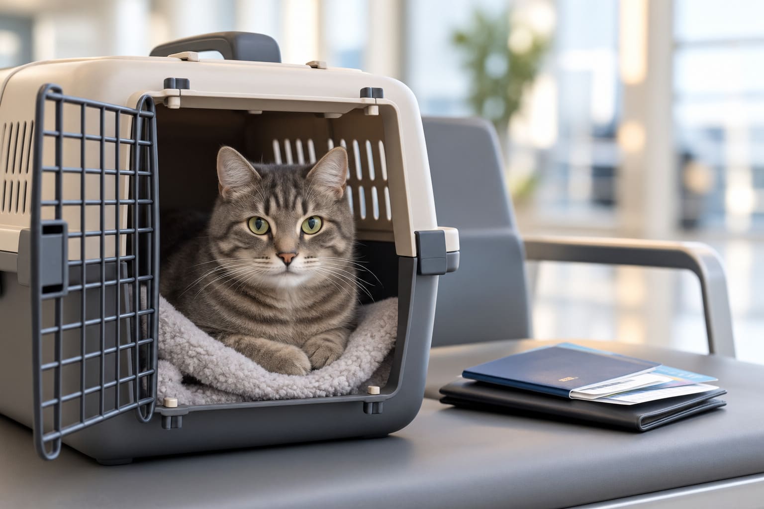 Tabby cat resting in an open pet carrier beside a passport and travel documents