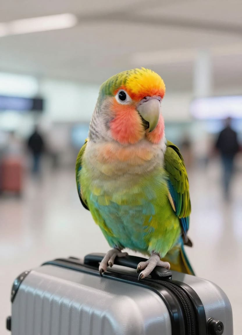 Colorful parrot standing on travel luggage inside an airport terminal in Calgary before pet relocation