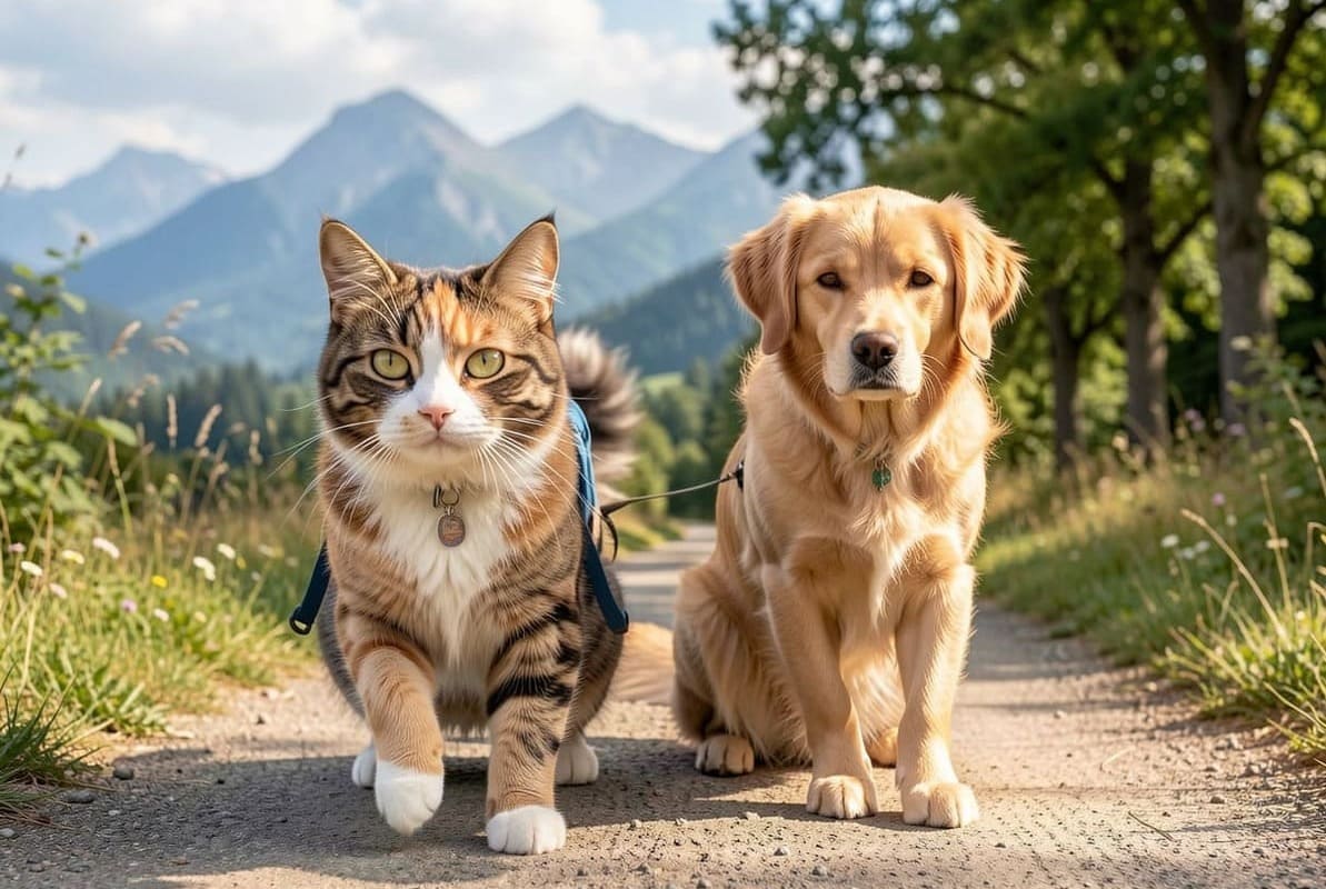 Dog and cat walking together on a trail in Alberta, representing coordinated pet transportation services