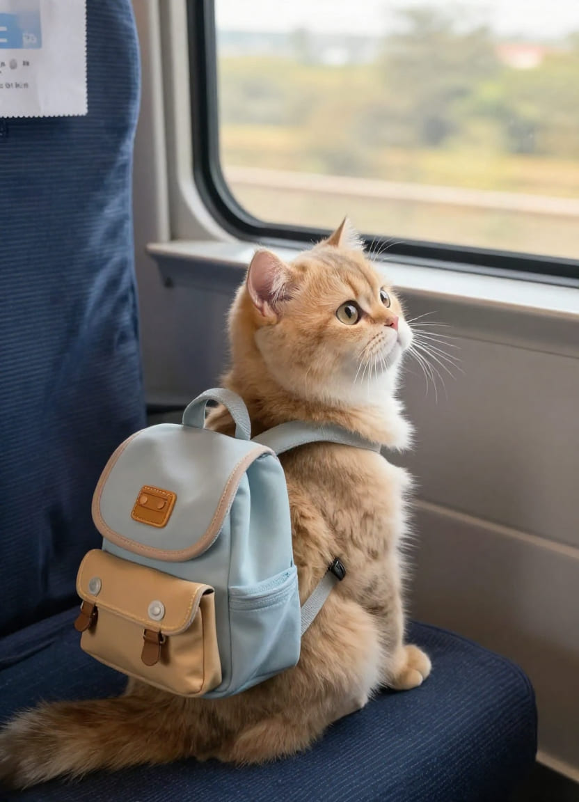 Cat wearing a travel backpack while riding in ground transportation during a Calgary pet relocation