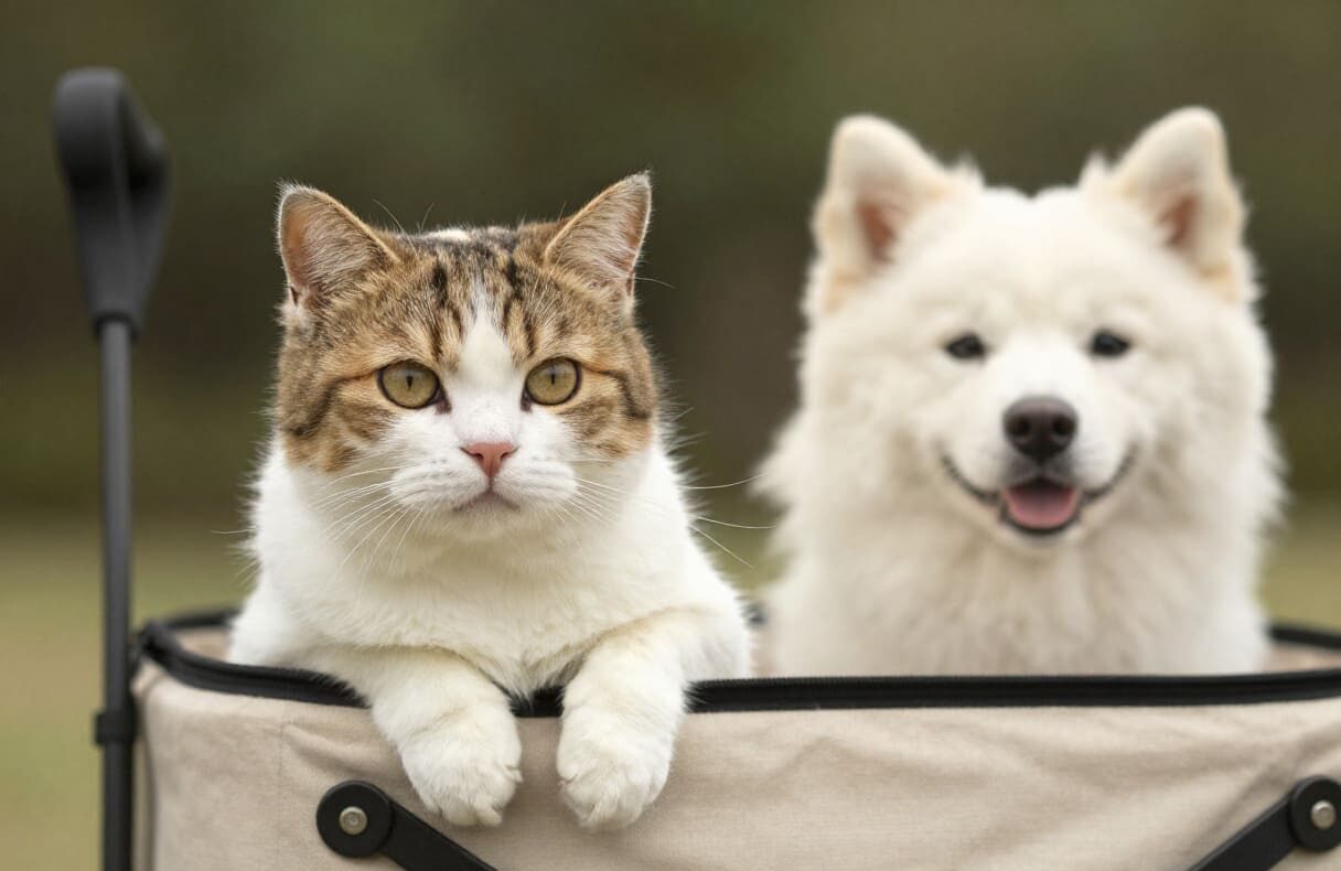 Dog and cat travelling together during coordinated pet transportation in Winnipeg