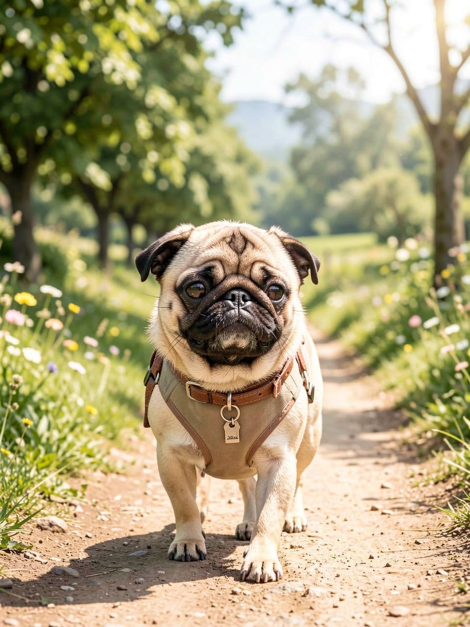 Pug walking outdoors as part of pet transportation planning in Winnipeg