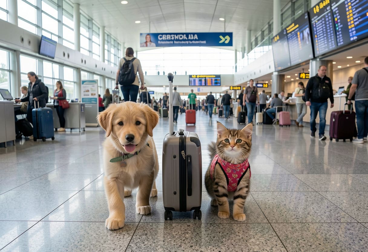 Dog and cat at Halifax airport preparing for professional pet transportation