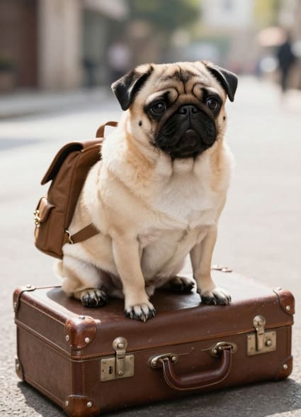 Dog sitting on travel luggage prepared for professional pet transportation in Hamilton, Ontario