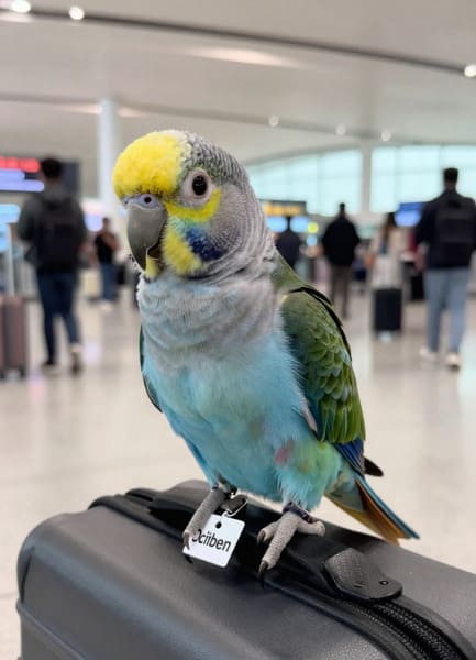 Colorful parrot standing on travel luggage inside a Montréal airport terminal before pet relocation