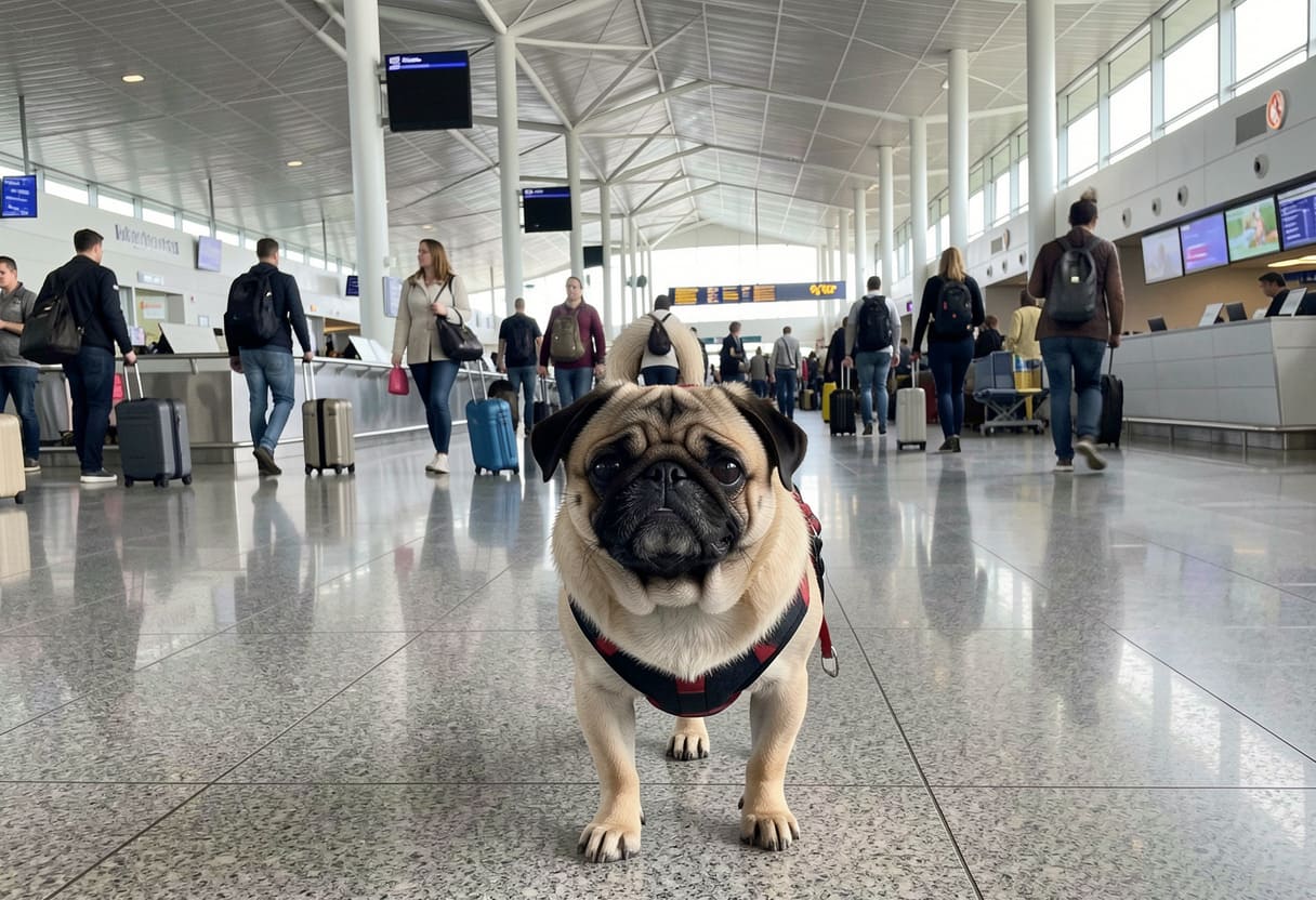 Dog waiting inside Montréal–Trudeau International Airport before a planned pet relocation