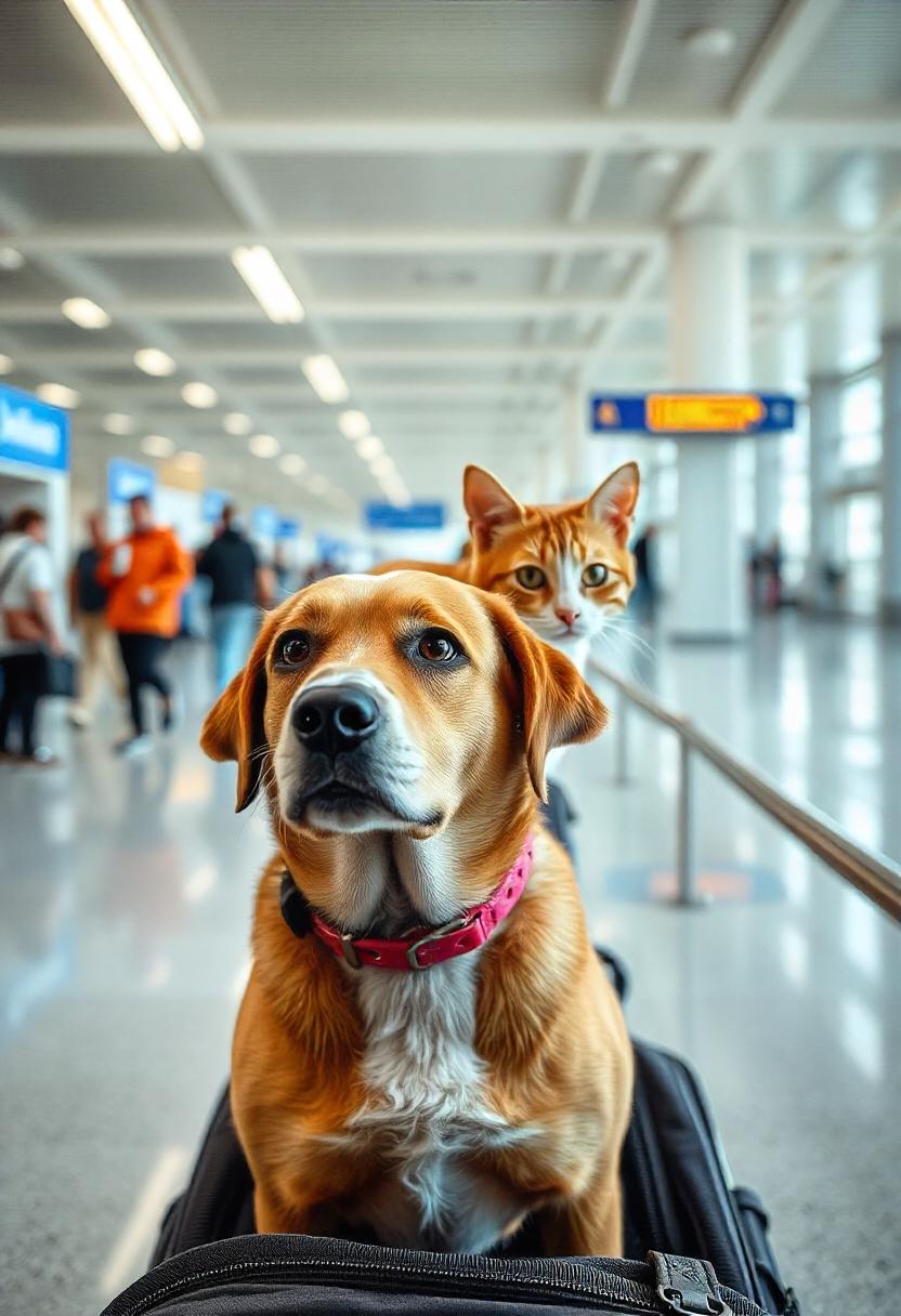Dog and cat at Montréal–Trudeau International Airport preparing for professional pet transportation