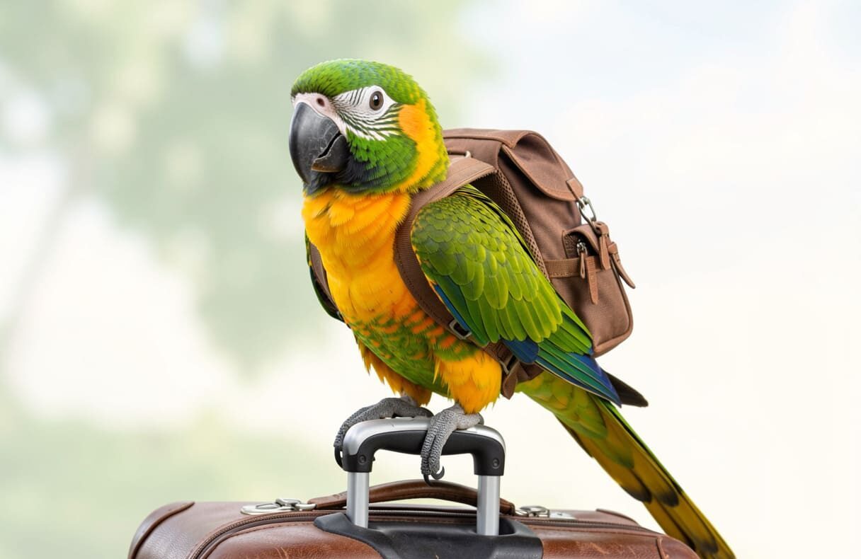 Pet parrot prepared for bird transportation services in Winnipeg