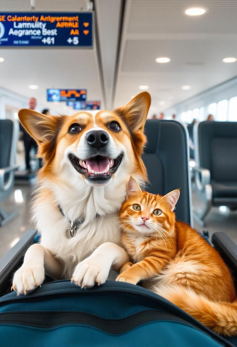Dog and cat resting together at an airport terminal during pet transportation in Ottawa, Ontario