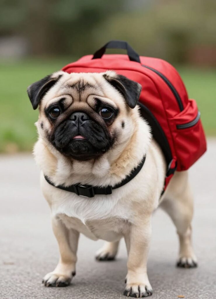Pug wearing a travel backpack for pet transportation services in Edmonton, Alberta