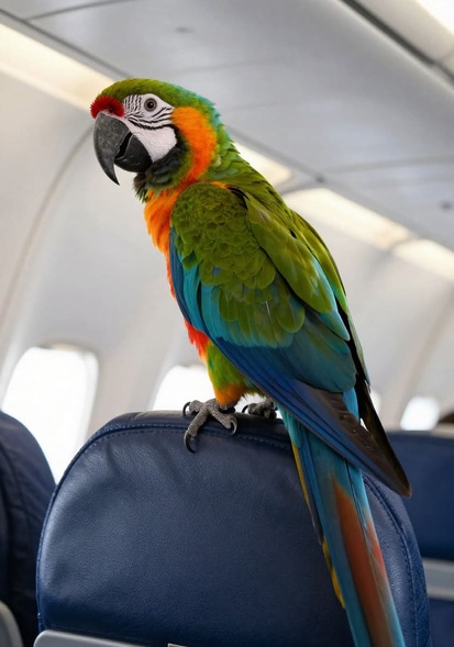 Parrot travelling in an aircraft cabin during professional bird transportation from Quebec City