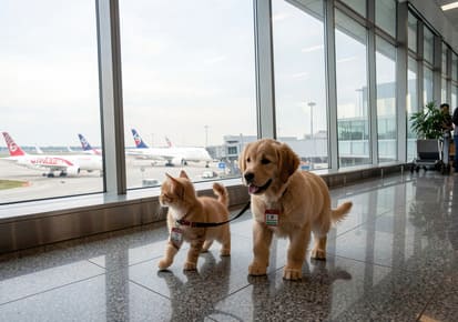 Dog and cat walking inside an airport terminal during pet transportation from Quebec City