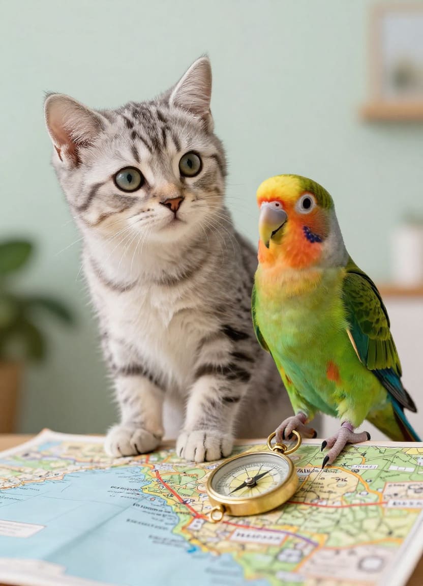 Cat and parrot shown during travel planning for a coordinated pet relocation from Quebec City, QC