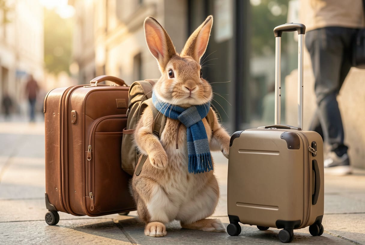 Rabbit with travel carrier and luggage for pet transportation services in Edmonton, Alberta
