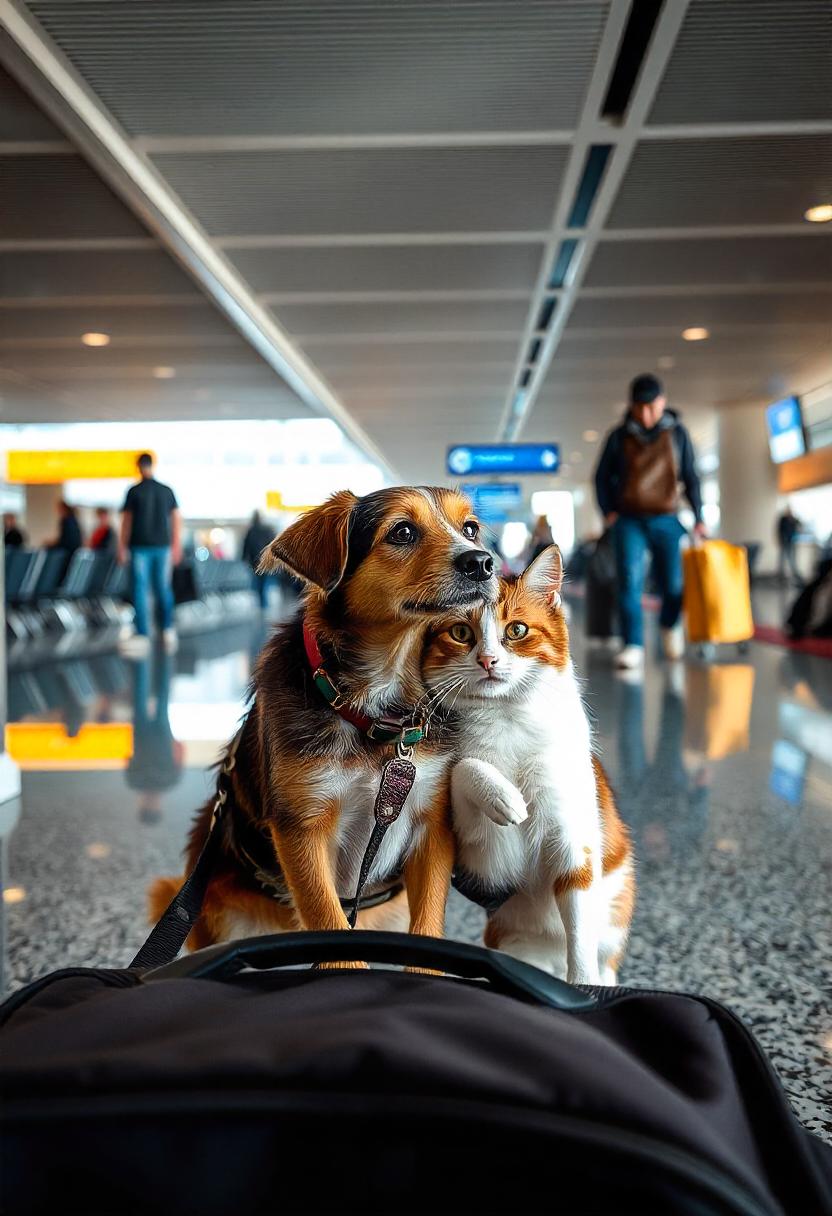 Dog and cat travelling together at an airport during professional pet transportation from Regina, Saskatchewan