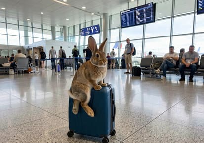 Rabbit waiting at an airport during professional pet transportation from Regina, Saskatchewan