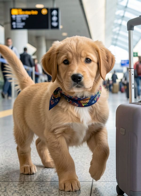 Young dog travelling with luggage during a planned pet relocation from Saskatoon, SK