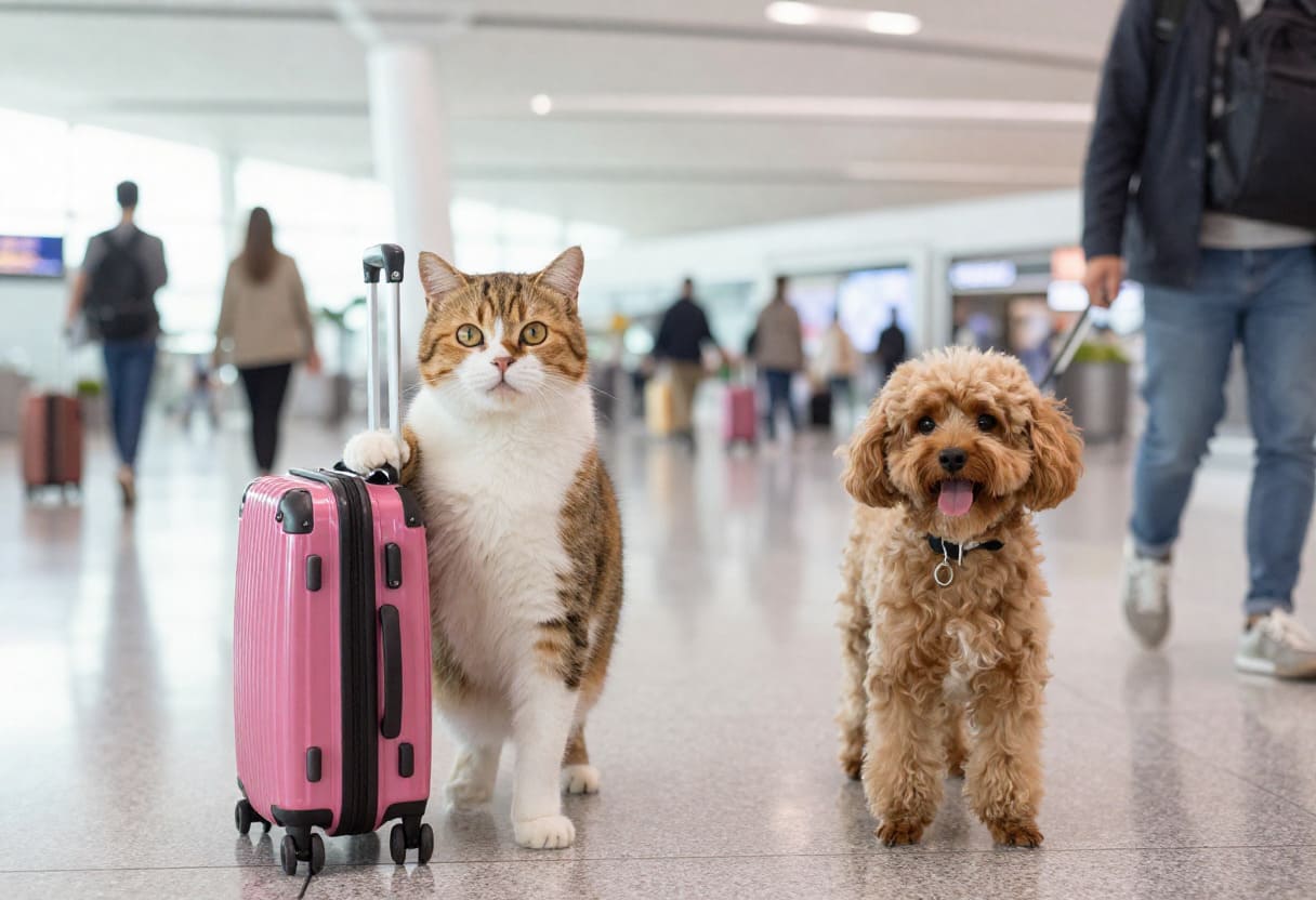 Cat and dog at an airport in Saskatoon preparing for professional pet transportation
