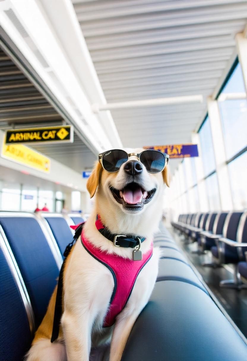 Dog waiting inside Vancouver airport terminal during a planned pet relocation from Vancouver, BC