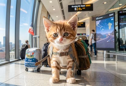 Cat with travel backpack walking through an airport terminal during a planned pet relocation from Toronto
