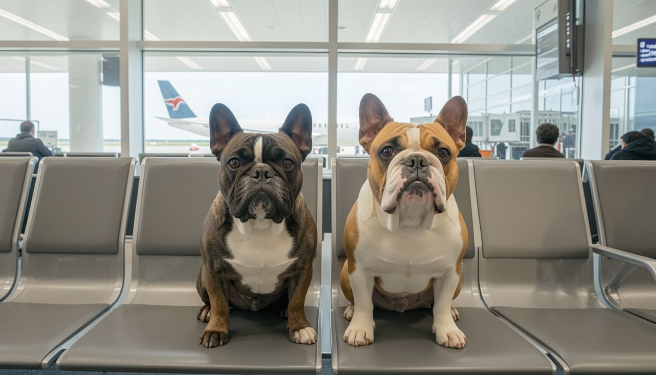 French Bulldog and English Bulldog sitting on an airport terminal bench with an airplane visible through the window