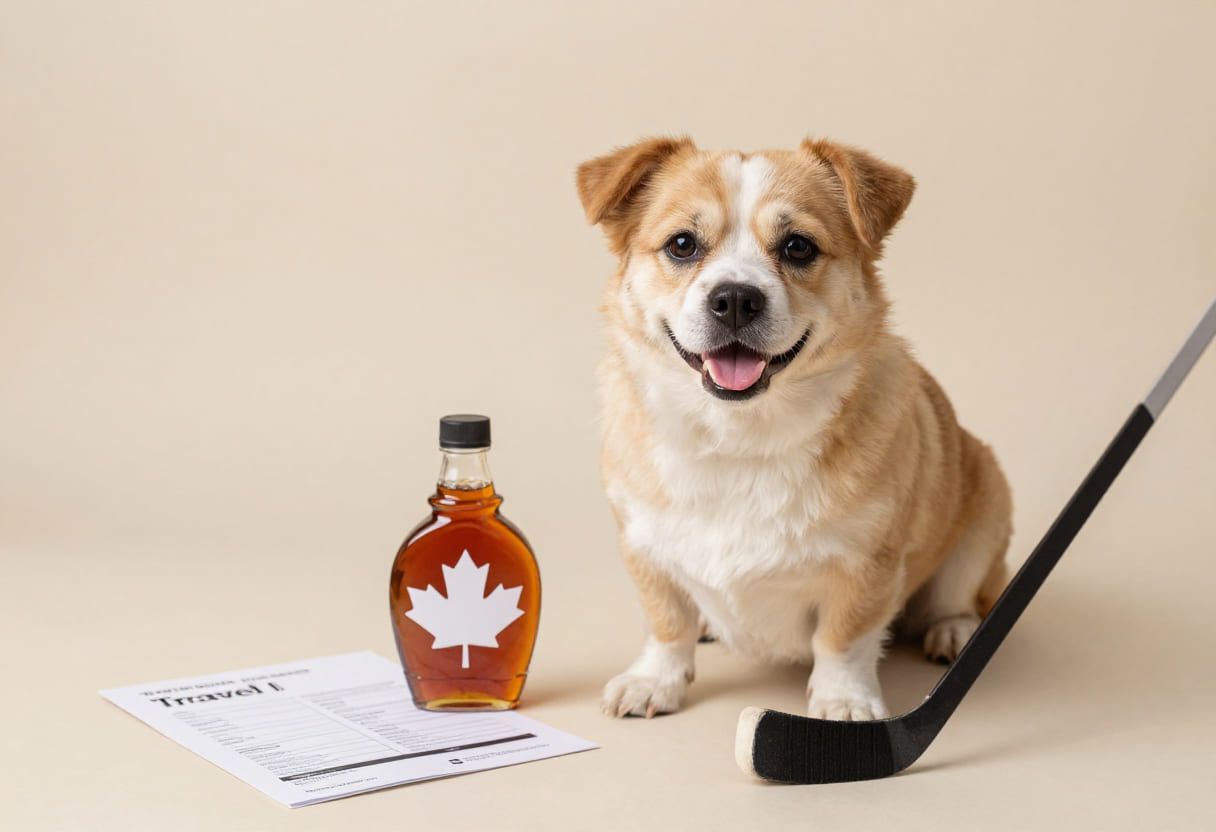 Dog with Canadian items and travel papers