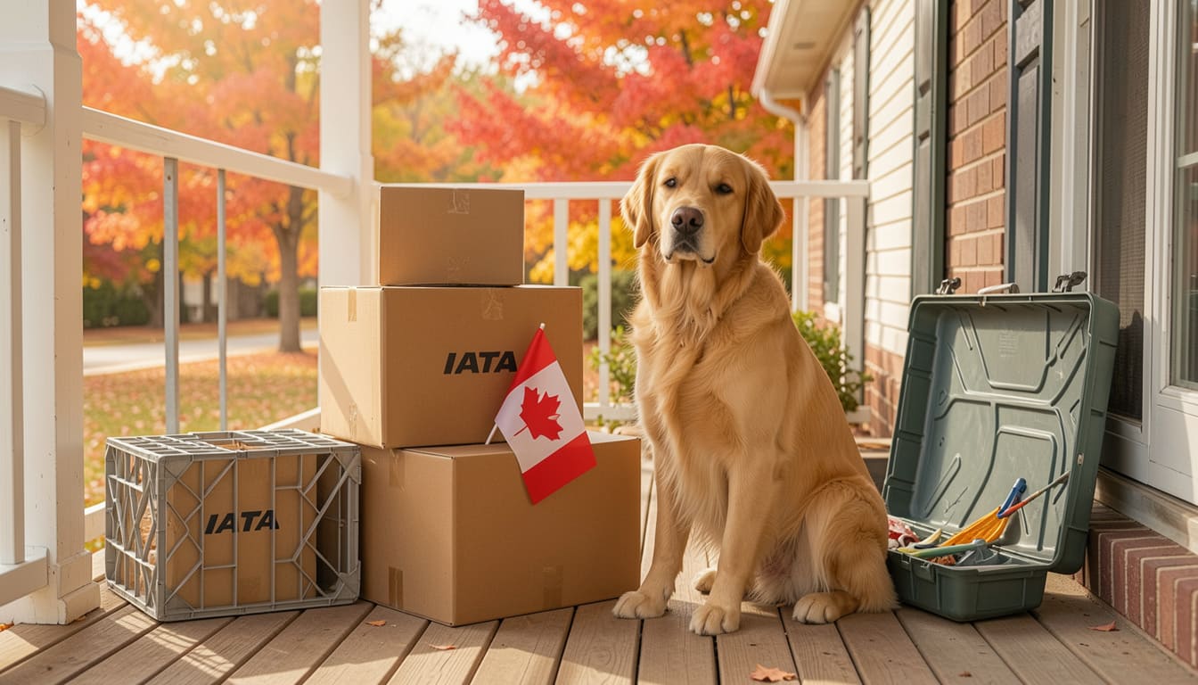 Golden retriever sitting beside moving boxes with a Canadian flag on a front porch with a travel crate nearby