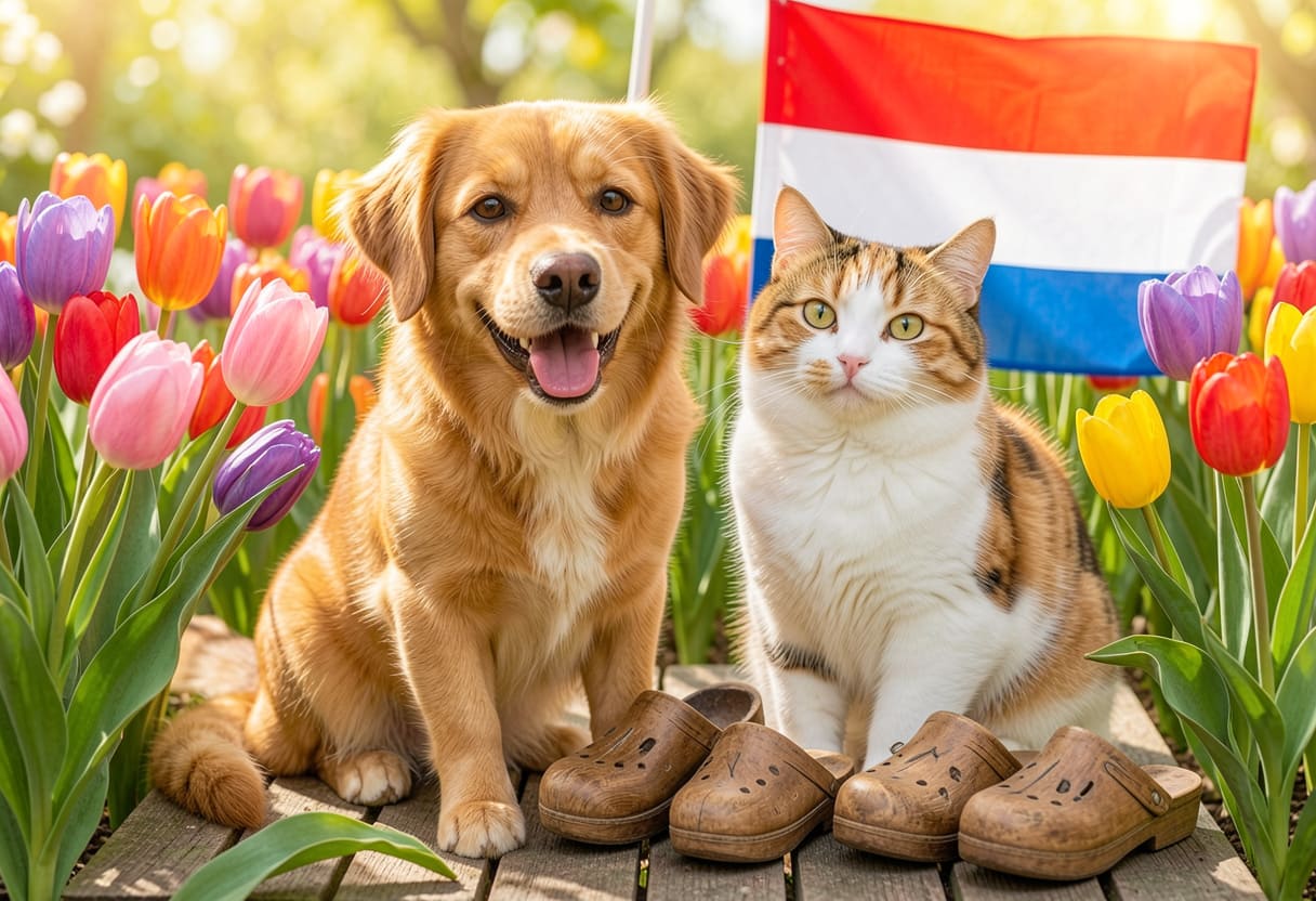 Dog and cat with Dutch items for pet shipping from Canada to the Netherlands