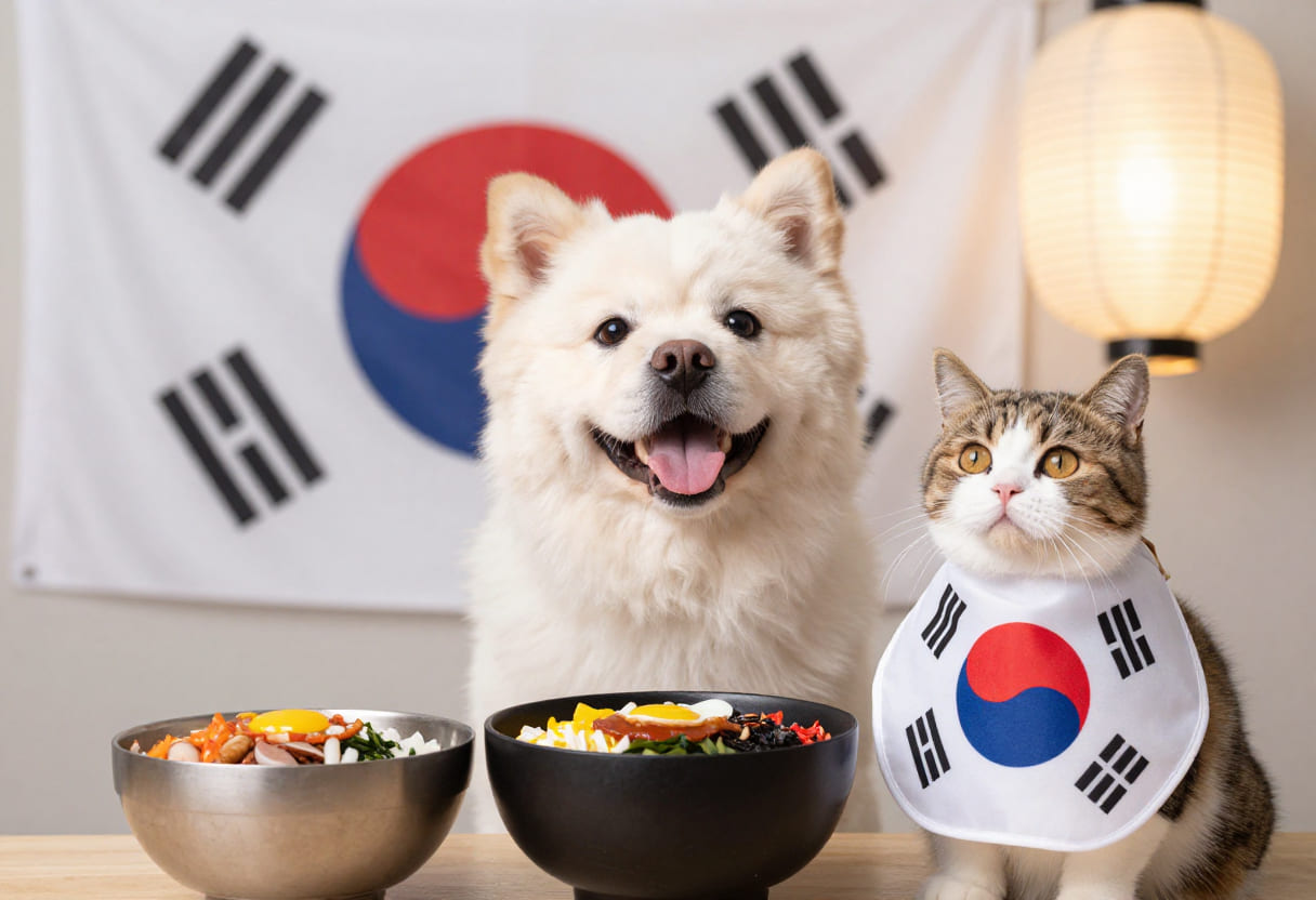 Dog and cat with Korean items for pet shipping from Canada to South Korea