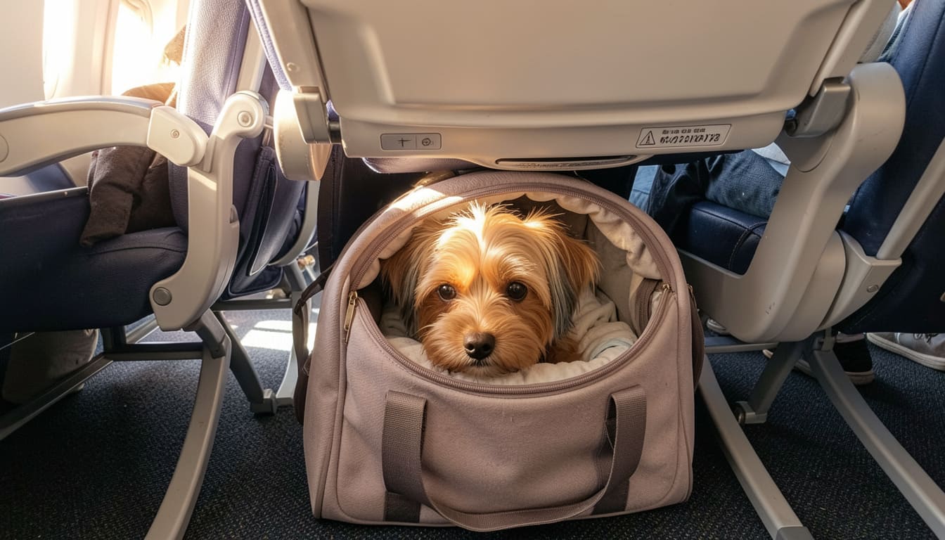 Small dog peeking out of a soft-sided carrier tucked under an airplane seat in a bright cabin