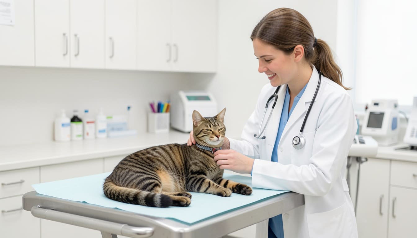 Veterinarian examining a cat on an exam table with health certificate documents on the counter