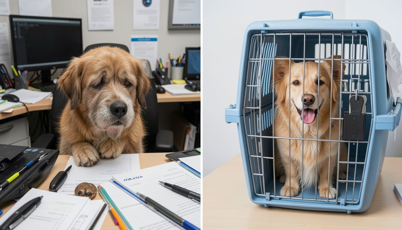 Split image comparing a messy desk with scattered papers and a confused dog to a tidy desk with an organized travel crate and a happy dog