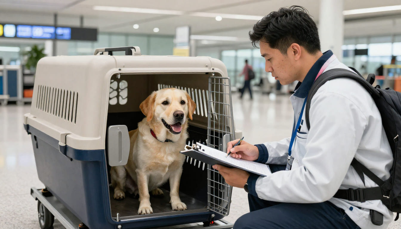 Pet relocation specialist checking documents beside an airline travel crate with a Labrador inside at a cargo facility