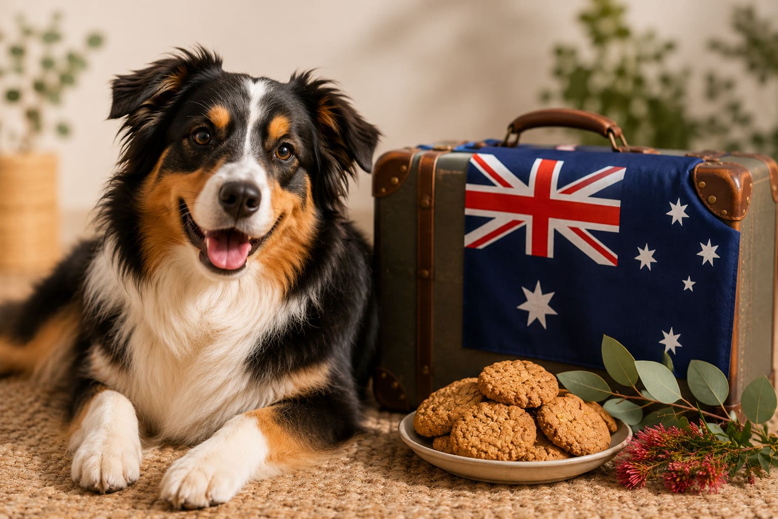 Dog with Australian items for a Canada to Australia pet move
