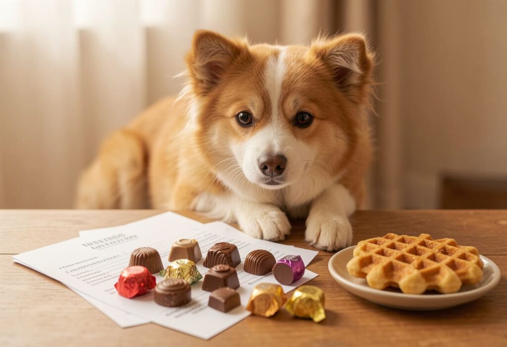 Dog with Belgian items and travel papers