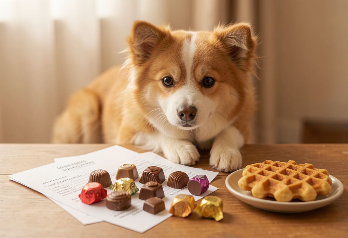 Dog with Belgian items and travel papers