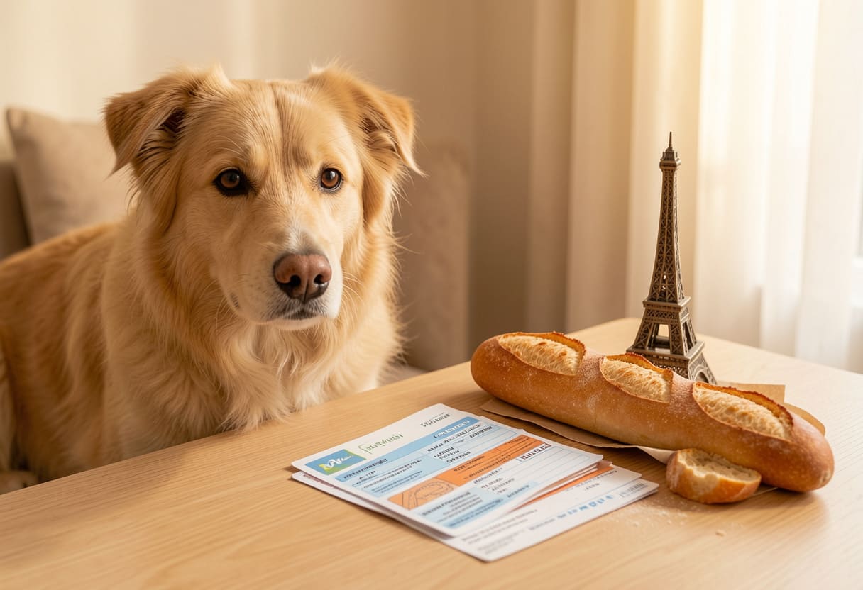 Dog with French items and travel papers