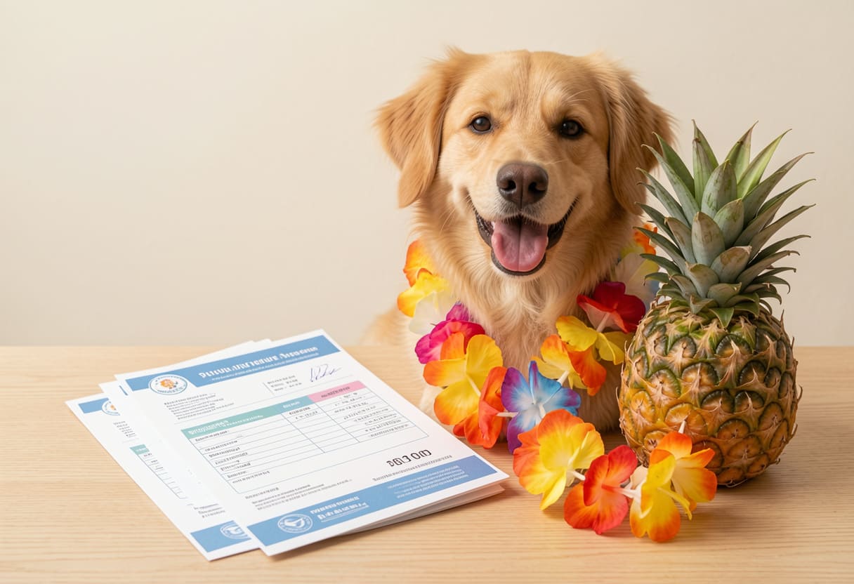 Dog with Hawaiian items and travel papers