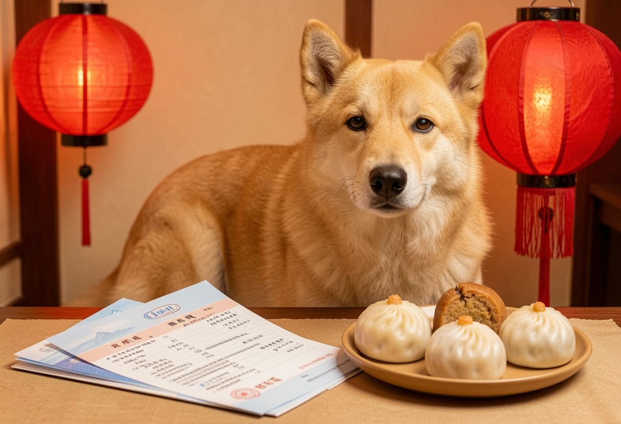 Dog with Hong Kong items and travel papers