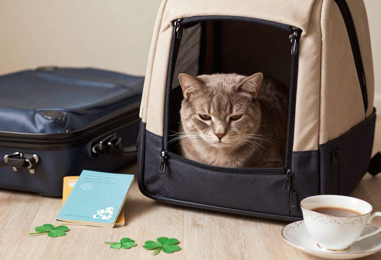 Cat with Irish items and travel papers
