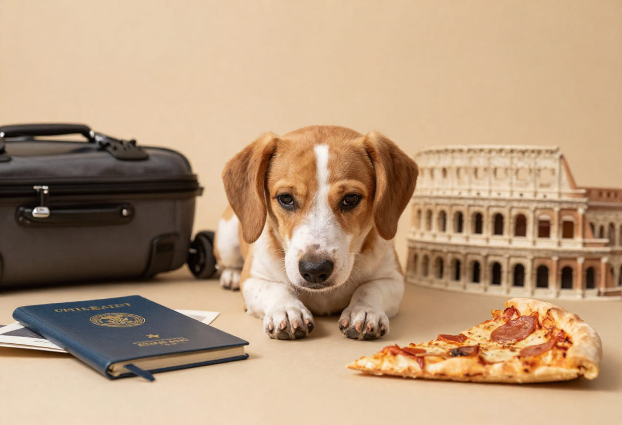 Dog with Italian items and travel papers