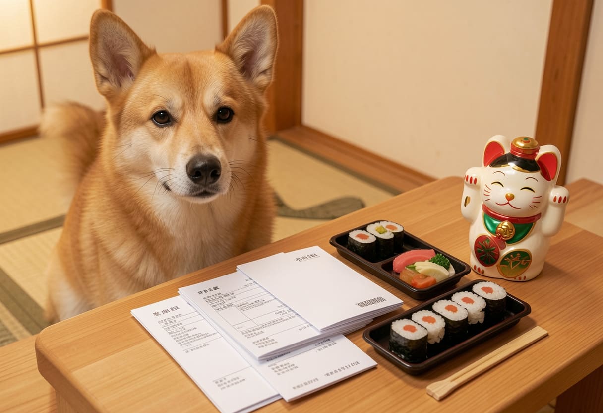 Dog with Japanese items and travel papers
