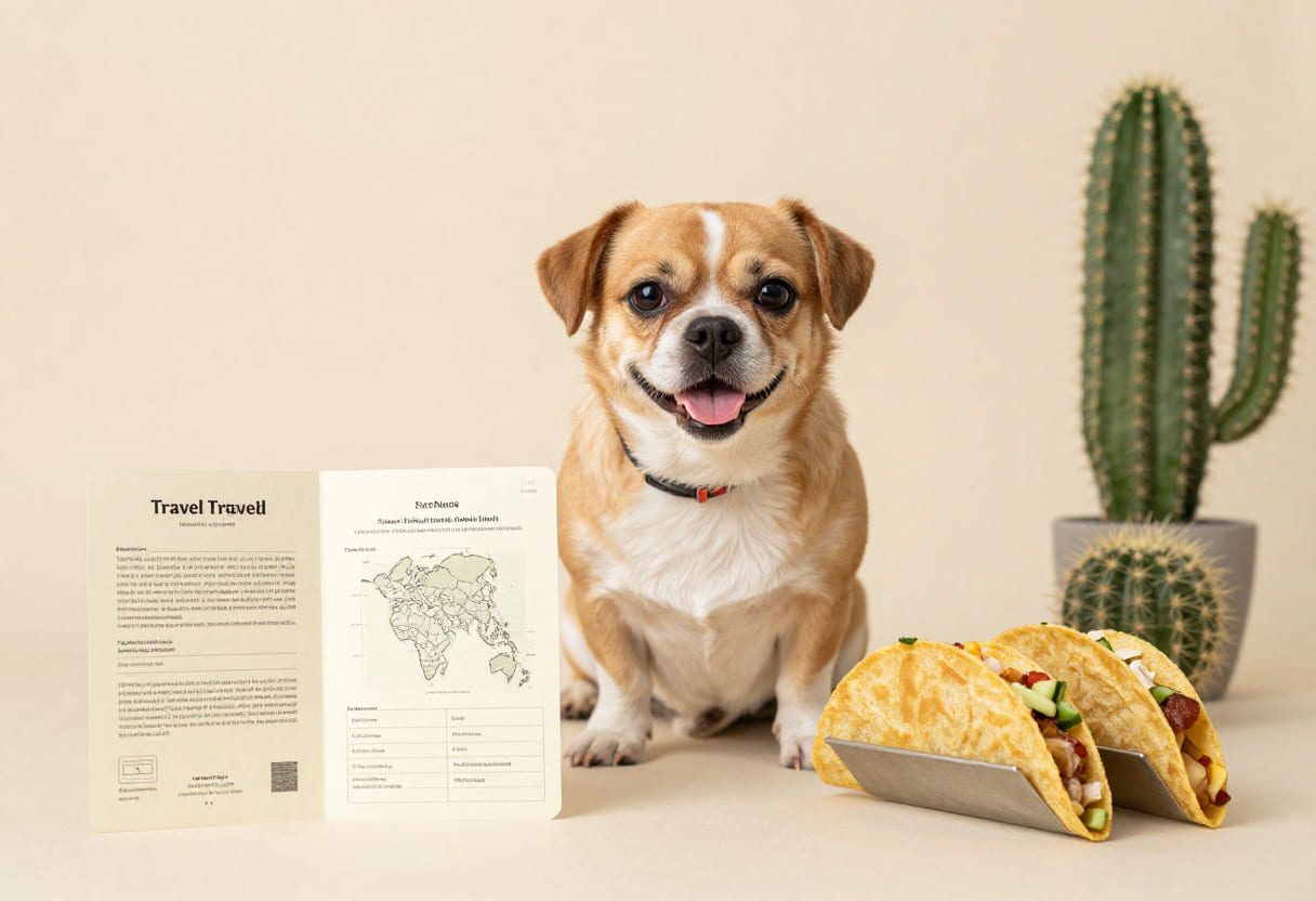 Dog with Mexican items and travel papers