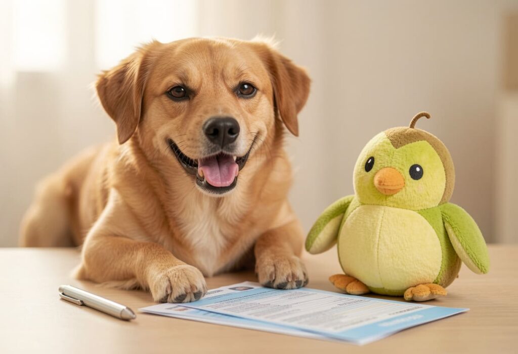 Dog with New Zealand items and travel papers