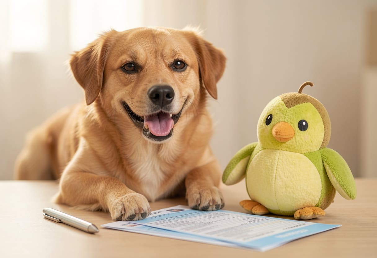 Dog with New Zealand items and travel papers