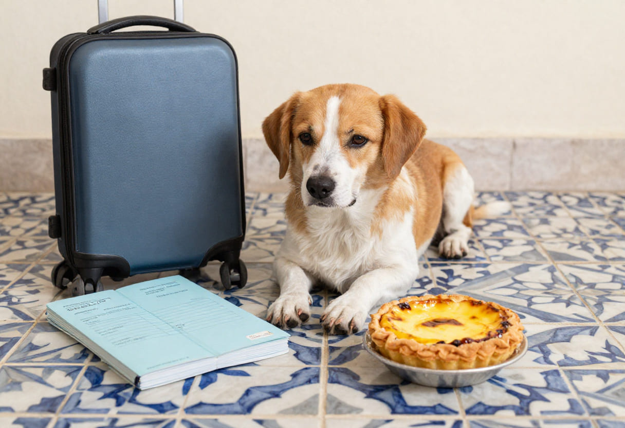 Dog with Portuguese items and travel papers